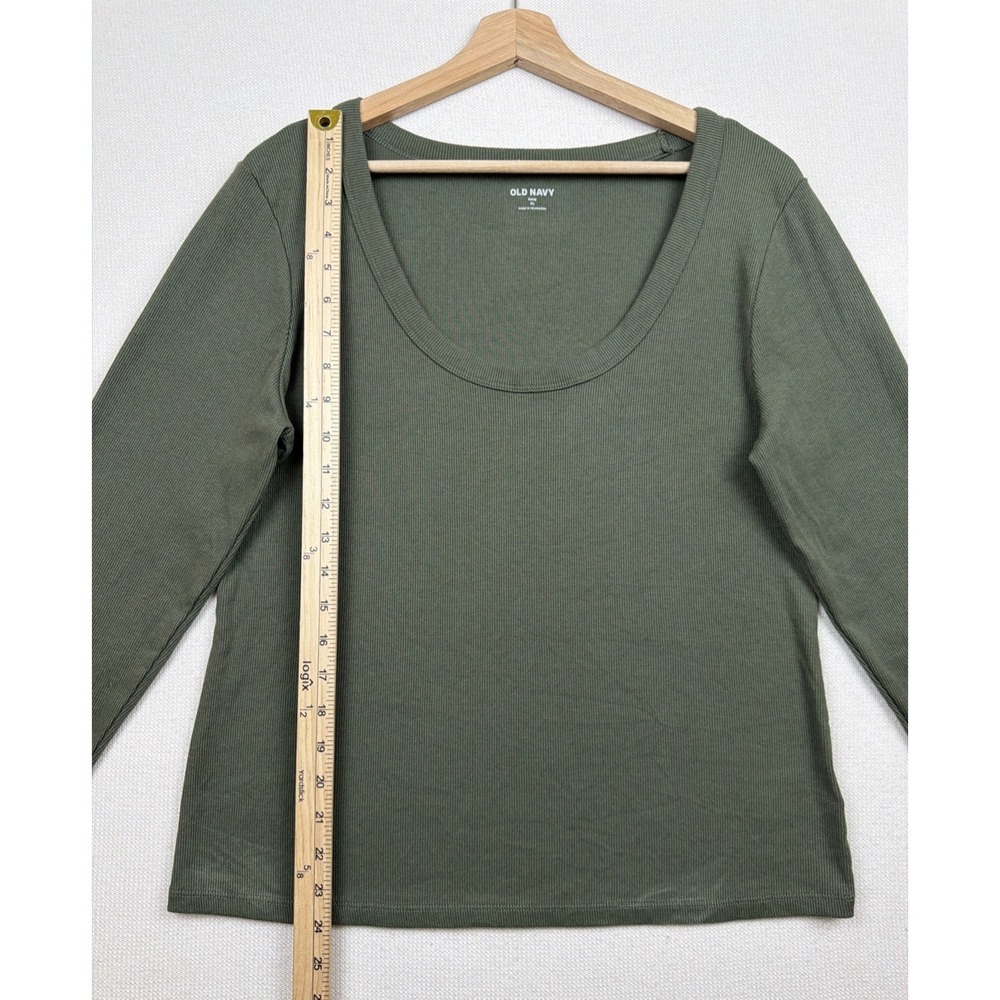 Old Navy Green‎ Ribbed Scoop Neck Long Sleeve Blouse XL Top Preppy Stretch Snug - Picture 5 of 9